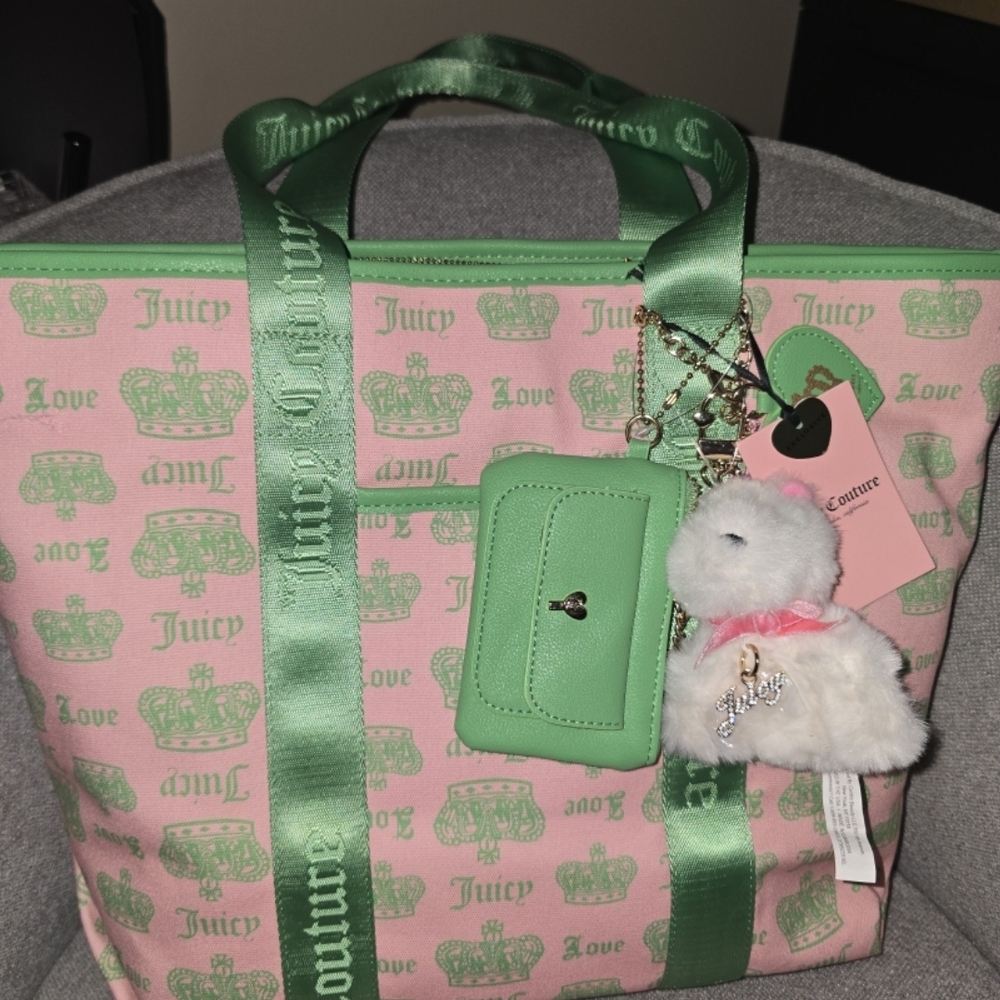 Juicy Couture Pink & Green Festival Tote with Charms